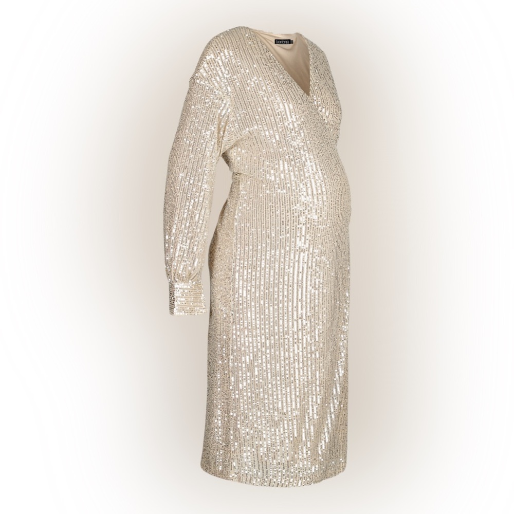 BOOHOO MATERNITY SEQUIN WRAP MIDI DRESS